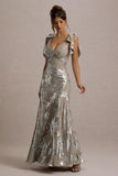 Lula Champagne Metallic Plunge-Neck Maxi Dress With Bow Straps