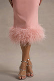 Titania Pink Twist-Neck Feather Hem Midi Dress