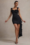 Lesina Black Satin Ruched Corset Mini Dress With Drape
