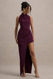 Hayden Burgundy High-Neck Draped Split Maxi Dress