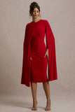 Marysol Red Asymmetric Cape Midi Dress