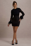 Charli Black Mesh Long-Sleeve Feather-Trim Mini Dress