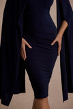 Marysol Navy Asymmetric Cape Midi Dress