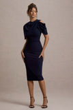Dorothea Navy Draped Midi Dress With Cape