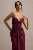 Desirie Plum Satin Sweetheart Gathered Maxi Dress