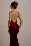 Adele Berry Velvet Ruched Strappy Fishtail Maxi Dress