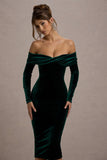 Compliment Bottle Green Velvet Bardot Midi Dress
