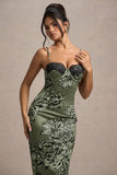 Soprano Olive Floral Print Satin Sweetheart Lace Trim Midi Dress