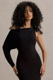 Floria Black Draped One-Sleeve Maxi Dress