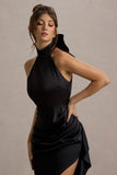 Maureen Black Satin High-Neck Draped Maxi Dress