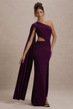 Brona Plum One-Shoulder Cape-Sleeve Split Maxi Dress