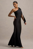 Here For Love Black Satin Asymmetric Maxi Dress With Bow