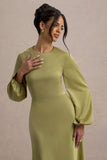 Crawley Light Green Satin Puff-Sleeve Maxi Dress