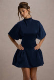 Alva Navy High-Neck Short-Sleeve Mini Dress With Volume Skirt