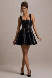 Carena Black Sequin Lace Floral Skater Mini Dress