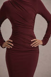 Hespera Port High-Neck Long-Sleeve Gathered Maxi Dress