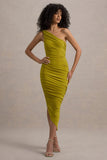 Dorit Green One Shoulder Asymmetric Ruched Midi Dress