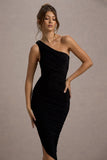Dorit Black One Shoulder Asymmetric Ruched Midi Dress