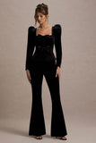Ramie Black Velvet Flared-Leg Trousers