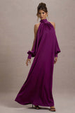 Baila Mulberry Satin High-Neck Cape-Sleeve Maxi Dress