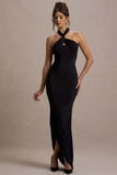 Jaiya Black Ruched Halter-Neck Asymmetric Maxi Dress