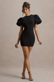 Delaney Black Puff-Sleeve Mini Dress With White Bow