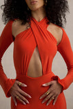 Gita Orange Halter-Neck Long-Sleeve Maxi Dress