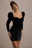 Kiss Of Midnight Black Velvet Puff-Sleeve Mini Dress With Bow