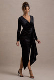 Arcadia Black Velvet Plunge-Neck Wrap Midi Dress