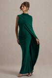Maeve Bottle Green Cape-Sleeve Draped Maxi Dress
