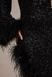 Shadow Black Sequin One-Shoulder Feather Trim Maxi Dress