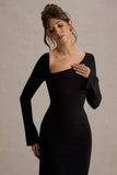Serenita Black Asymmetric Long-Sleeve Midi Dress