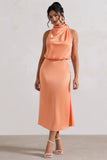Geena Peach Satin Twisted High-Neck Midi Dress