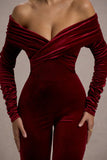 Borealis Berry Velvet Long-Sleeved Bardot Jumpsuit