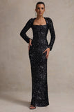 My Dream Black Sequin Square-Neck Long-Sleeve Maxi Dress