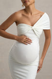 Admired White Ruched One-Shoulder Maternity Midi Dress