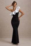 Berkley Black & White Ruffled One-Shoulder Maxi Dress