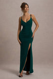 Jeanne Bottle Green Plunge Ruched Cami Maxi Dress With Split