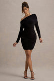 Zhara Black Ruched One-Shoulder Bodycon Mini Dress