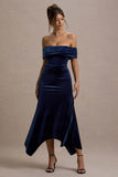 Halia Navy Velvet Bardot Midi Dress