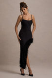 High Status Black Strappy Corset Asymmetric Maxi Dress With Feather Trim