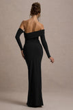 Stand Out Black Bardot Long Sleeve Ruched Maxi With Side Split