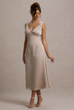 Beck Champagne Satin Plunge-Neck Cross-Back Midi Dress