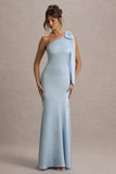 Here For Love Powder Blue Satin Asymmetric Maxi Dress With Bow