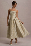 Zuma Gold Metallic Jacquard Strapless Midi Dress