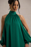 Baila Bottle Green Satin High-Neck Cape-Sleeve Maxi Dress