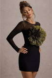 Ruchi Black Sheer Mini Dress With Corsage Detail