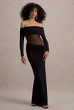 Belamour Black Semi-Sheer Bardot Gathered Maxi Dress