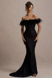 Idyll Black Lace Bardot Feather Fishtail Maxi Dress