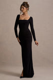 My Pleasure Black Square Neck Ruched Maxi Dress